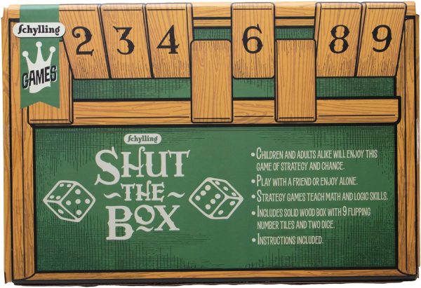 Schylling Shut the Box - Family Game of Strategy and Chance - Includes Collectible Wooden Game Box. Felt Bottom. Rounded Dice. and Detailed Instructions - Ages 6 and Up