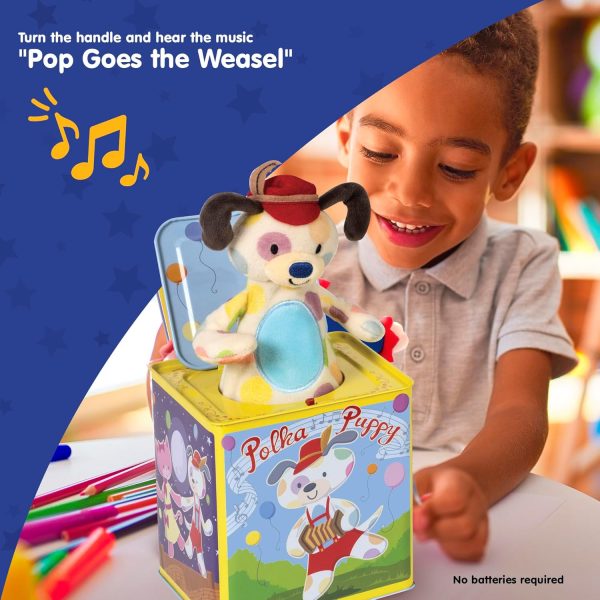 Schylling Polka Puppy Jack in the Box - Classic Children's Musical Toy that Dances - Colorful Embossed Tin Box and Lovable Puppy Plush - Age 18 months and Up